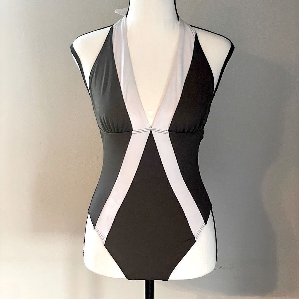 New! Vince Camuto, White and Olive Green, Low-Back, Swimsuit. Size 10.